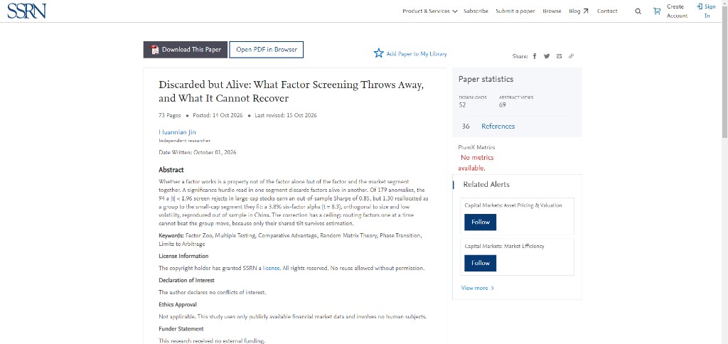SSRN page for Discarded but Alive: What Factor Screening Throws Away, and What It Cannot Recover